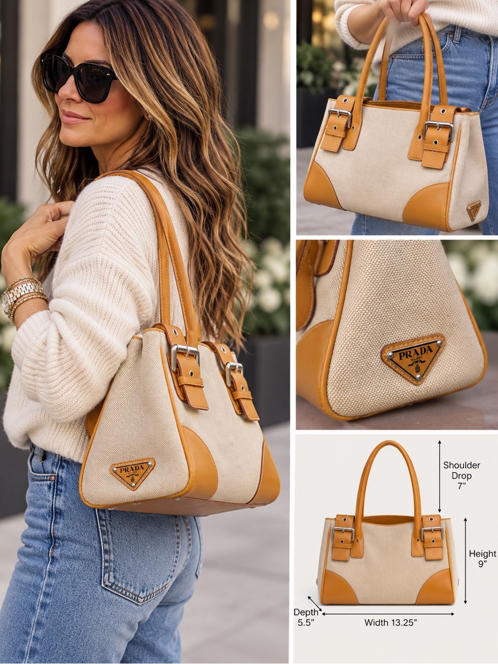 Prada Vitello daino trim canvas leather trim tote back